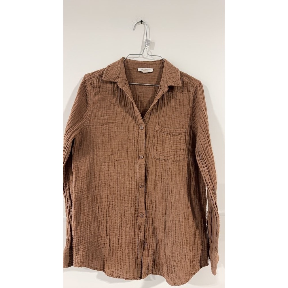 Beachlunchlounge Brown Crinkle Cotton Button Up Shirt Small